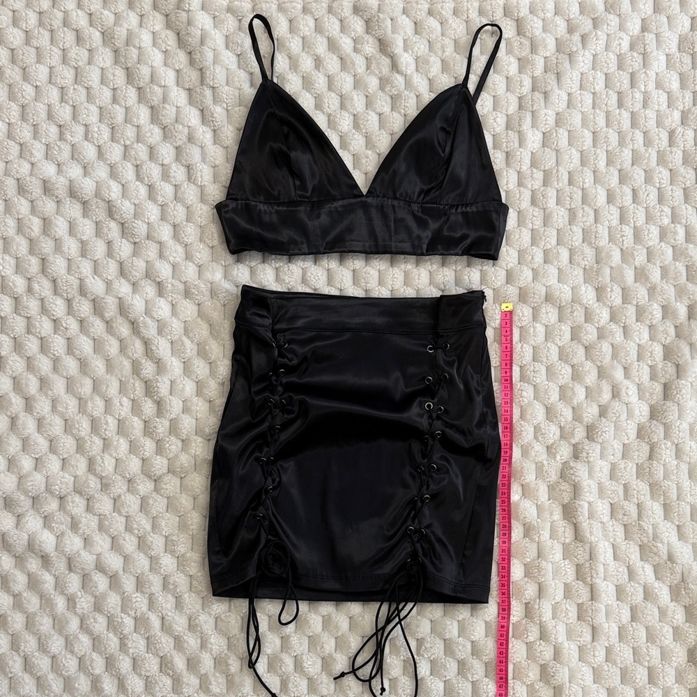 Fashion Nova Black Satin Two-Piece Skirt Set (S)